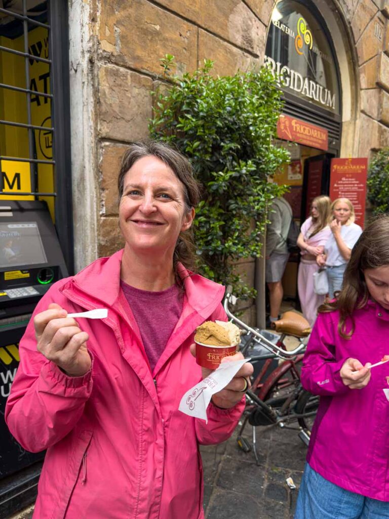 Celine Brewer eating gelato outside Frigidarium in Rome.